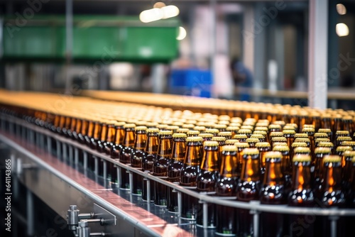 Glass brown bottles of beer on conveyor belt with light, concept brewery plant production line, beer bottling factory.