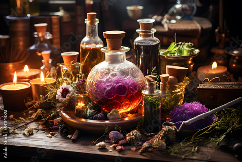 Magic flasks full with colorful potion ai generated art photo