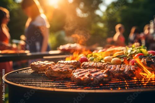 Flame grill with burgers and steak - BBQ meat ai generated art.  photo