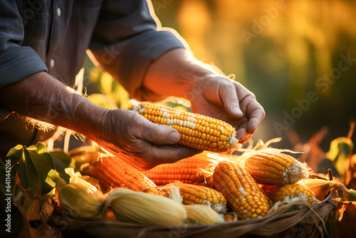 Man piiling  corns on sunlights ai generated art.  photo