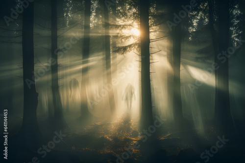 Scary forest with lights accross the trees ai generated art © Tsanko