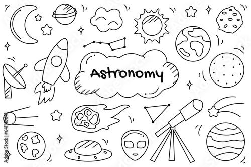 Line set Astronomy in cartoon design. A mesmerizing black and white illustration set focused on astronomy, showcasing intricate line designs and thoughtfully crafted scenes. Vector illustration.