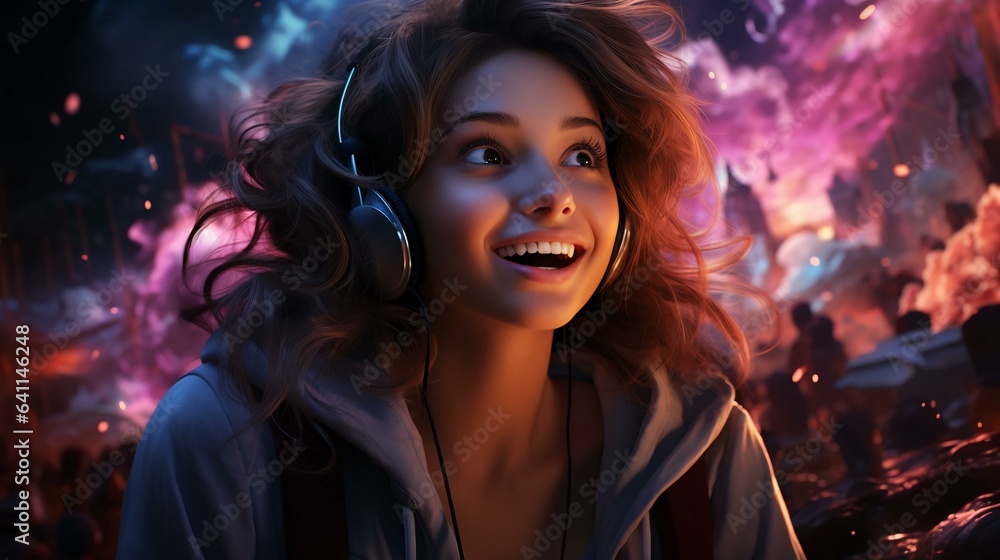 Naklejka premium A girl in headphones rejoices and laughs while playing computer online games. The concept of joy from computer games, streaming