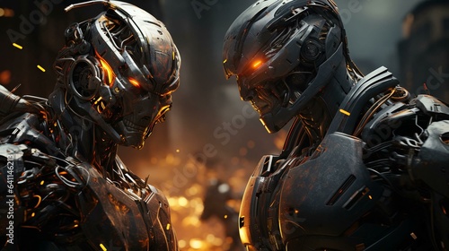 Fight of two futuristic robots with metal details © Aliaksandra