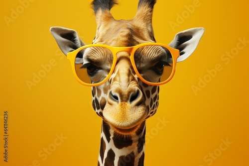 A chic giraffe dons yellow sunglasses, adding flair to the monochrome © Muhammad Ishaq