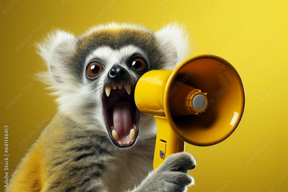 Fototapeta premium A creative concept, a hilarious lemur wields a yellow attention grabbing loudspeaker