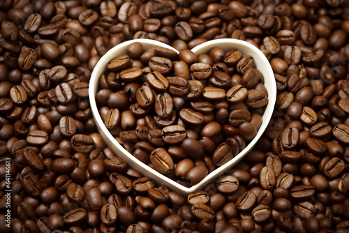 White coffee cup heart shaped with cappucino latte on roasted beans. Generative ai