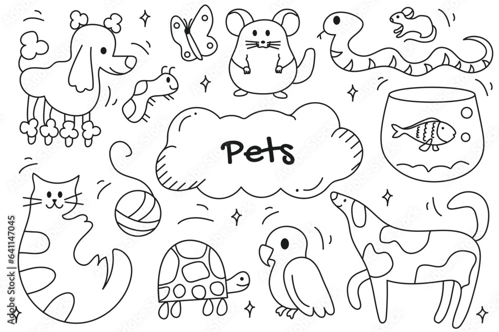 Line set Pets in cartoon design. Set of captivating black and white pet illustrations, thoughtfully designed with lines to depict the lovable nature of a variety of pets. Vector illustration.