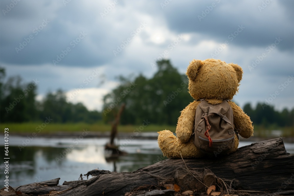 A melancholy, solitary bear doll, vintage allure with somber undertones