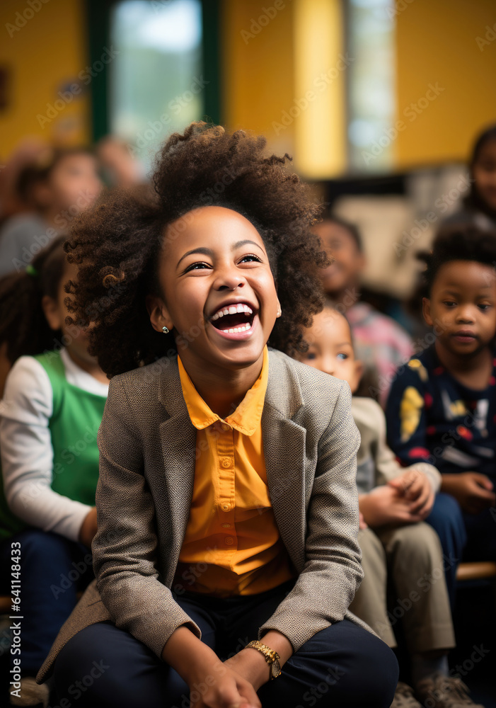 Portrait of happy African American schoolgirl smiling at camera in classroom. created by generative AI technology. Portrait of happy African American schoolgirl smiling at camera in classroom. created by generative AI technology.