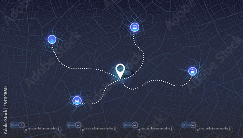 GPS navigator screen with street roads and location, destination points City top view, for application and animation. Vector, illustration isolated. Urban highway plan, final destination