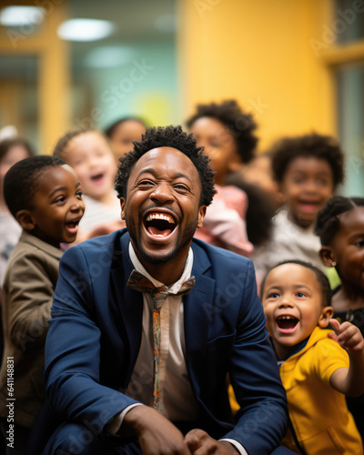 Portrait of happy African American teacher in classroom with kids at school. created by generative AI technology. © hakule