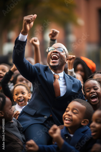 Happy African American schoolboy raising hands and screaming while standing with classmates outdoors. created by generative AI technology.