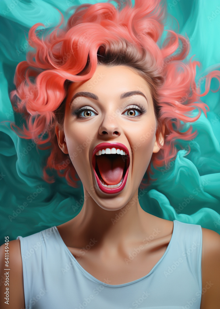 Surprised woman with red hair on a turquoise background. created by generative AI technology.