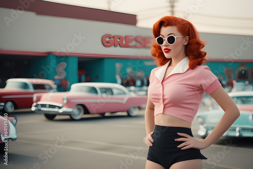 Image of a young woman pinup girl with red hair and wearing sunglasses from the 1950s or 1960s.