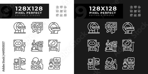 Health care technology pixel perfect linear icons set for dark, light mode. Medical innovation. Healthcare industry. Thin line symbols for night, day theme. Isolated illustrations. Editable stroke