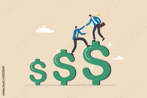 Increase profit, financial advisor help increase earning, income or revenue, growing wealth, profit growth or funding support, improvement or challenge concept, businessman help climb up dollar sign. photo