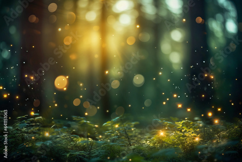 a forest with sunlight filtering through the trees. The image has a dreamy  magical feel with the sunlight creating a bokeh effect