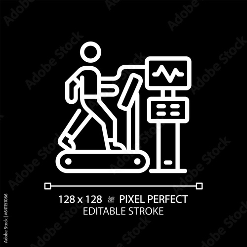 Stress test pixel perfect white linear icon for dark theme. Cardiac health. Cardiovascular exercise. Medical assessment. Thin line illustration. Isolated symbol for night mode. Editable stroke