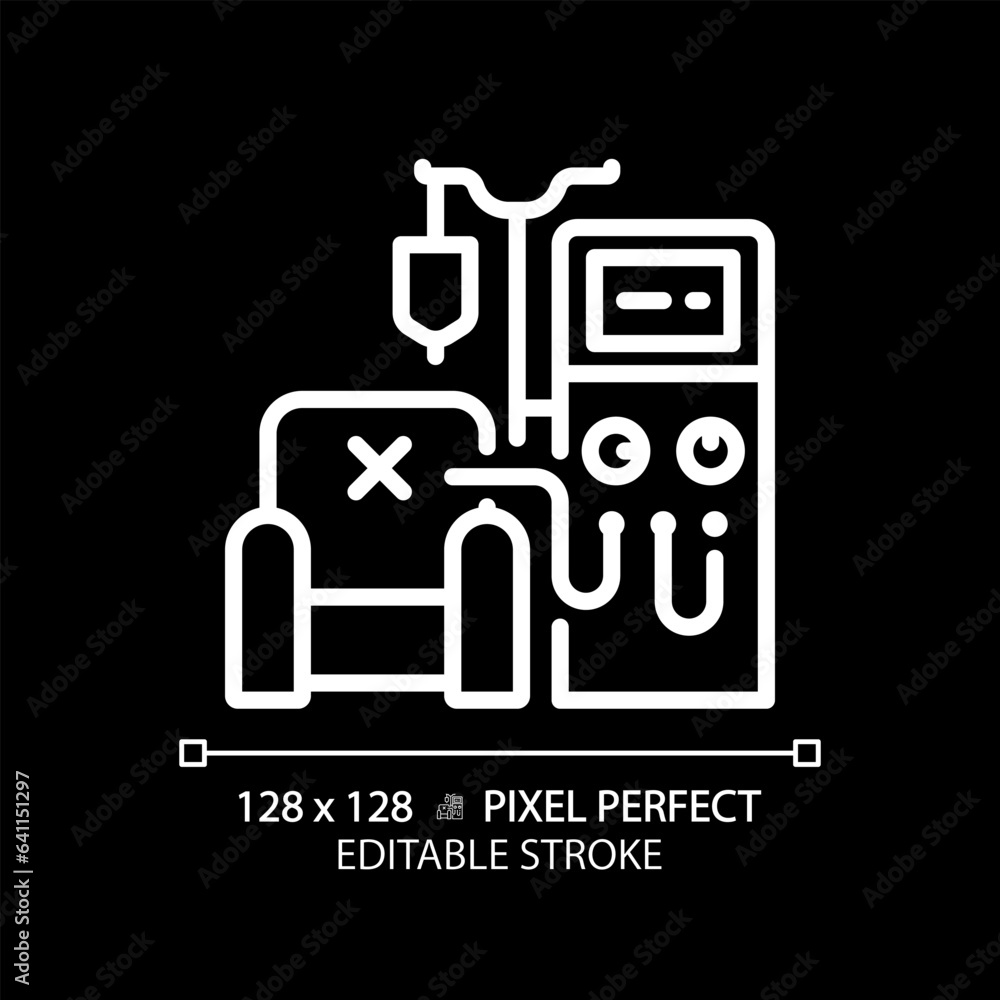 Dialysis machine pixel perfect white linear icon for dark theme. Kidney disease. Renal system. Medical procedure. Thin line illustration. Isolated symbol for night mode. Editable stroke