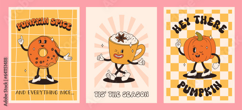 Funny Retro cartoon Pumpkin Character in groovy 50s, 60s, 70s Vintage Style. Happy Autumn mascot with pumpkin spice latte, pumpkin pie, pudding, cake, cupcake, waffles, donut and coffee.