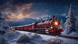 Landscape background winter nights outside the city in forests covered with snow and a train full of gifts. Holiday happiness. Christmas concept