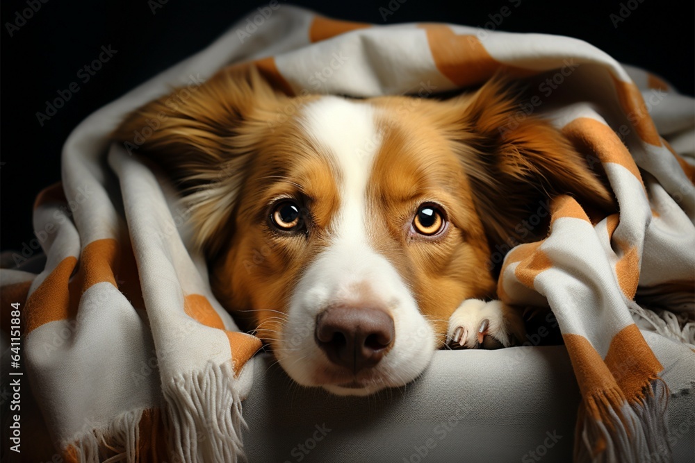 Cozy blanket cradles a brown and white dog in peaceful repose