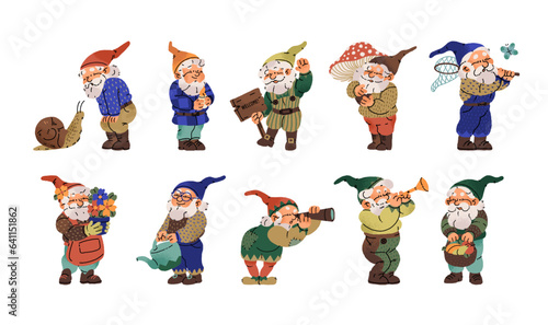Cute garden gnomes set. Different dwarfs standing. Bearded characters in cap. Little old men in costumes welcome, smile, greeting. Gardeners from fairytale. Flat isolated vector illustration on white