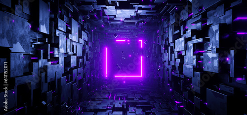 Fototapeta Naklejka Na Ścianę i Meble -  Sci-fi rectangular tunnel with neon purple square sign concept background