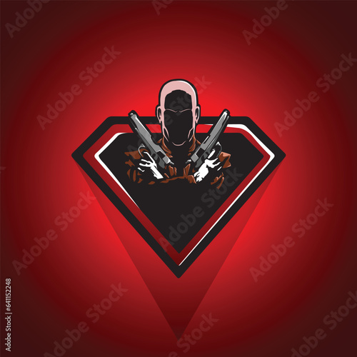 Serial killer with a contract to kill. Vector of a spy agent with guns. man with pistols mascot. gaming logo for a team of streamers. twitch profile pic. Sharp shooter avatar in dark.