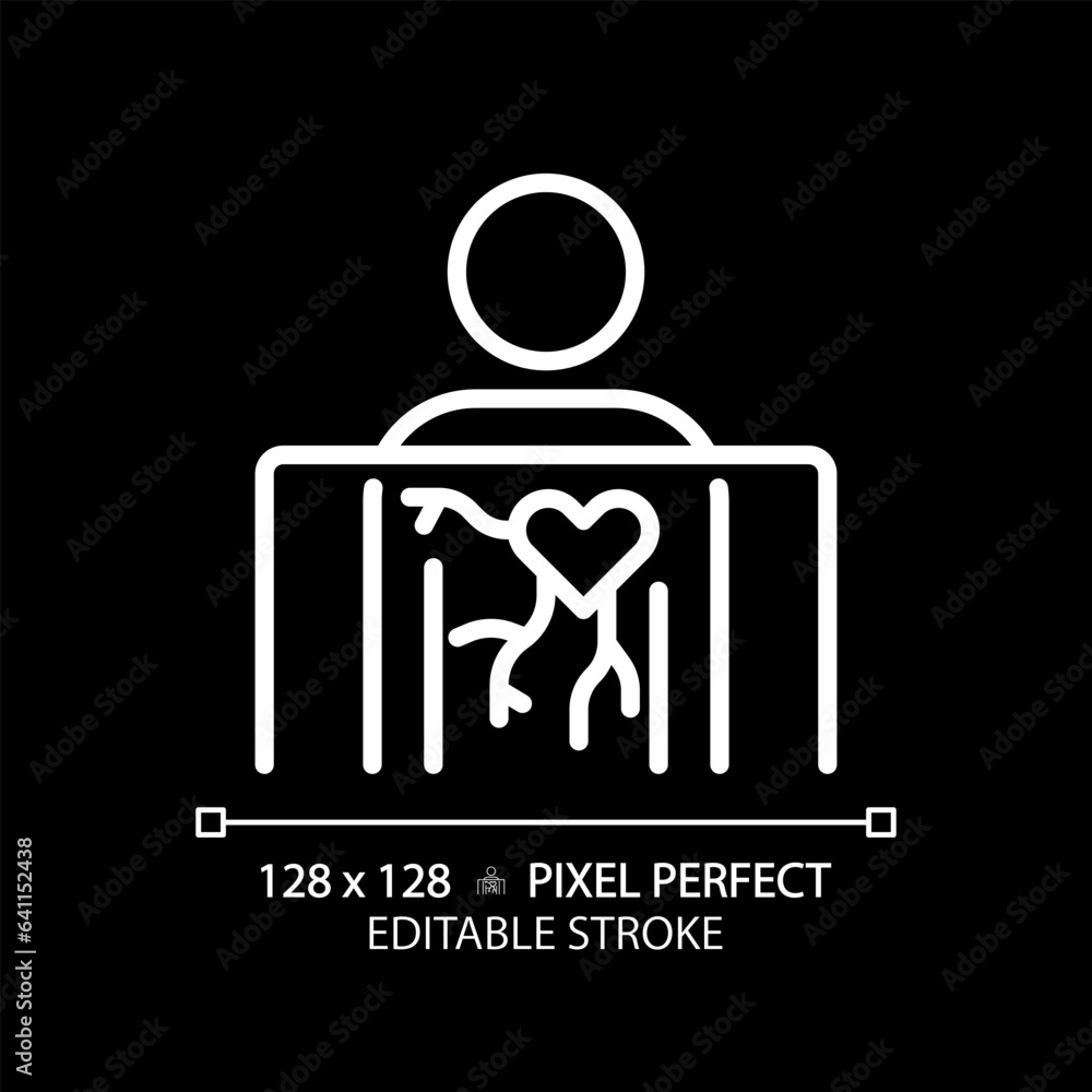 Fototapeta premium Angiography pixel perfect white linear icon for dark theme. Vascular system. X ray. Medical imaging. Diagnostic radiology. Thin line illustration. Isolated symbol for night mode. Editable stroke