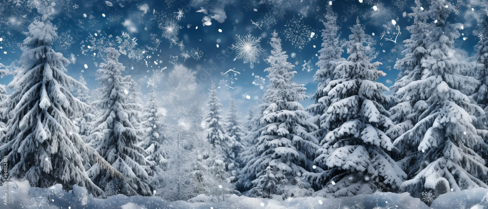 Winter panoramic background with snow-covered fir branches and snowfall flakes.