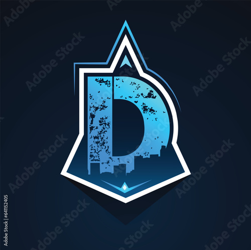 Letter D shaped gaming logo in blue gradient in a rocket shaped triangular shield with distressed look, placed behind the building silhouette. D letter symbol can be a gamer's initial alphabet.