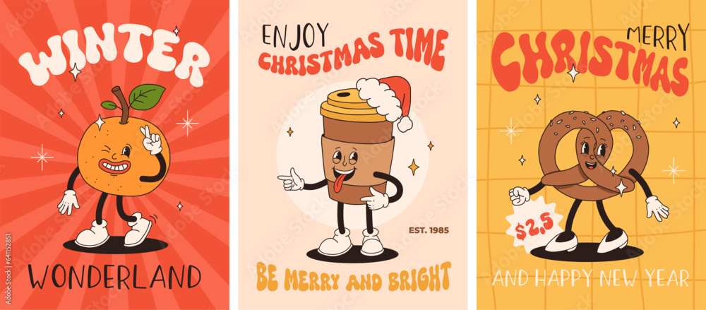 Funny Retro cartoon christmas Character in groovy 50s, 60s, 70s Vintage Style. Happy new year mascot with hot coffee, cocoa, gingerbread, cake, cupcake and cookie. Xmas vintage characters. Funny Retro cartoon christmas Character in groovy 50s, 60s, 70s Vintage Style. Happy new year mascot with hot coffee, cocoa, gingerbread, cake, cupcake and cookie. Xmas vintage characters.