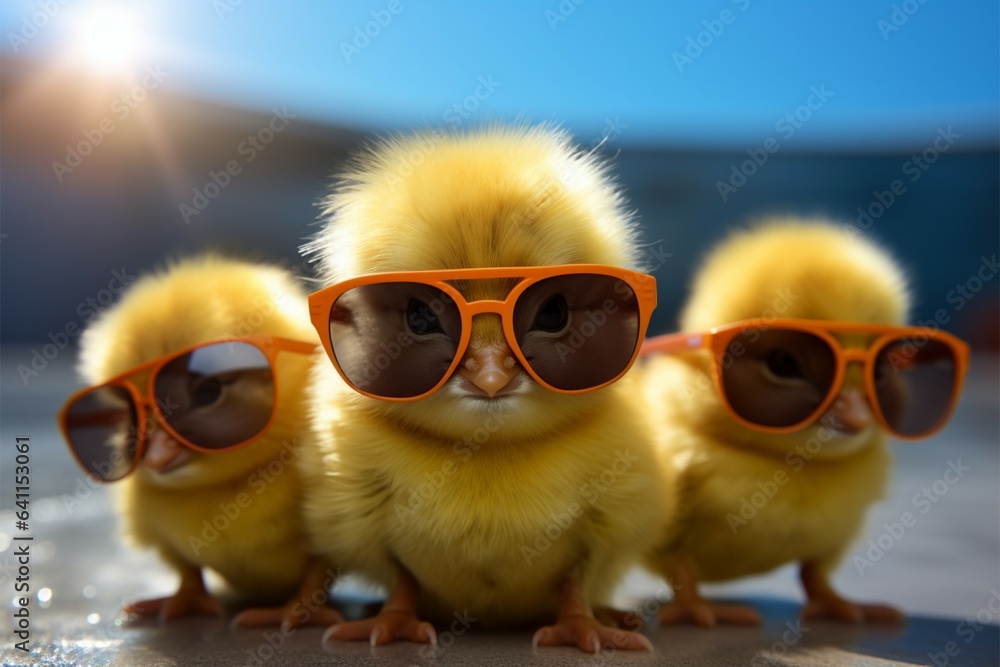 Farmings youngest, small chick dons sunglasses, soft and charming