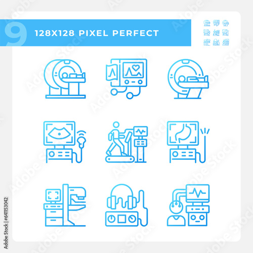 Health care technology pixel perfect gradient linear vector icons set. Medical innovation. Healthcare industry. Thin line contour symbol designs bundle. Isolated outline illustrations collection