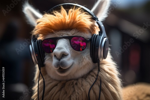 Eyeglasses wearing llama tunes into music, exuding a stylish rhythm