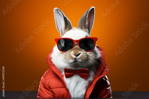 Fashionable bunny wears chic glasses, framed against a serene backdrop