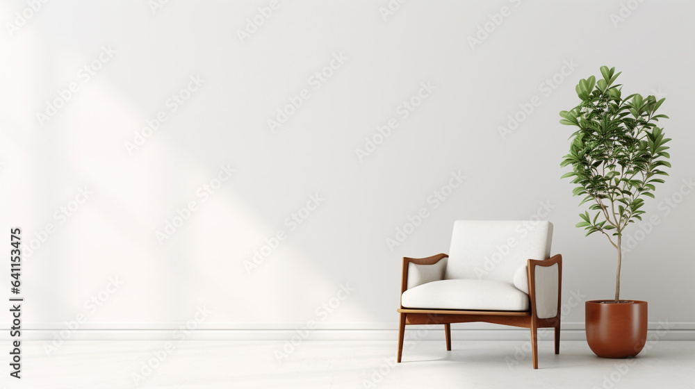 Fototapeta premium interior of a room in a minimalist style with an armchair and a tropical plant in a pot, legal AI