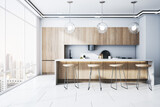 Modern wooden kitchen interior with equipment, window with city view and daylight. 3D Rendering.