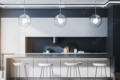 Luxury kitchen interior with equipment and daylight. 3D Rendering.