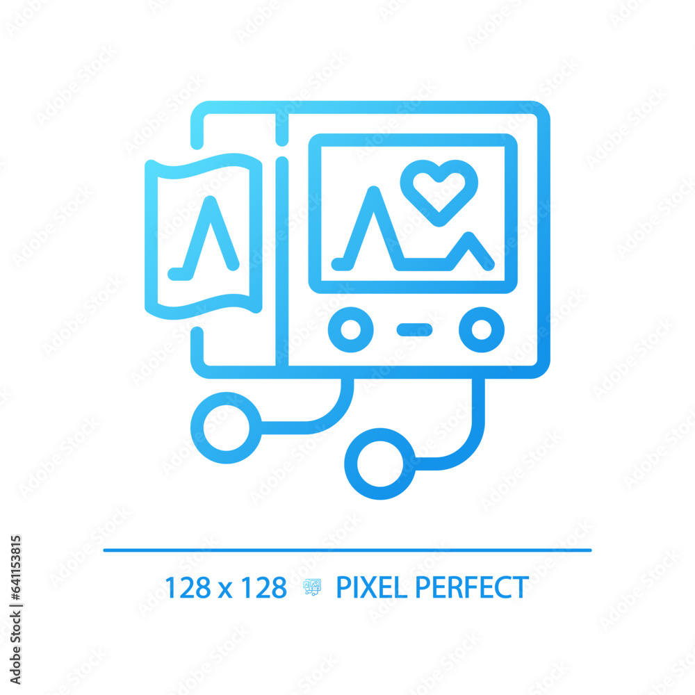 Ecg machine pixel perfect gradient linear vector icon. Cardiac monitoring. Heart rate. Check up. Diagnostic testing. Thin line color symbol. Modern style pictogram. Vector isolated outline drawing