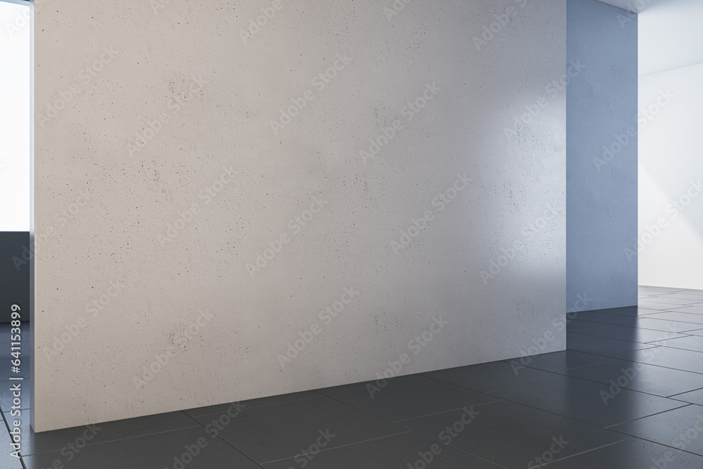 Concrete gallery interior with mock up place on walls and white windows. Museum room concept. 3D Rendering. Concrete gallery interior with mock up place on walls and white windows. Museum room concept. 3D Rendering.