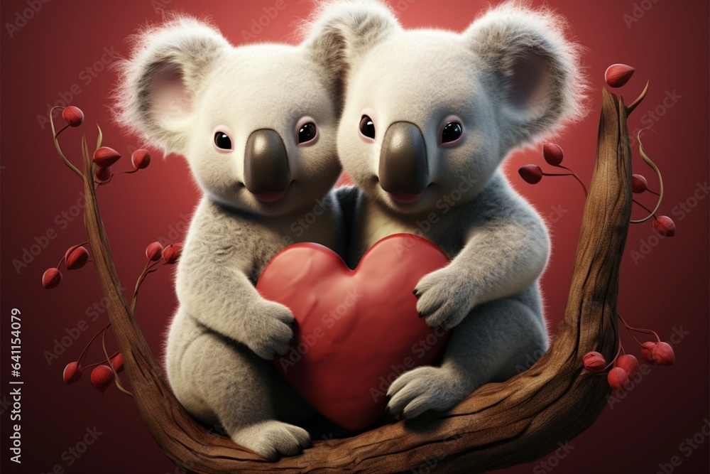 Hearts filled 3D koala duo illustration embodies adorable love connection Hearts filled 3D koala duo illustration embodies adorable love connection