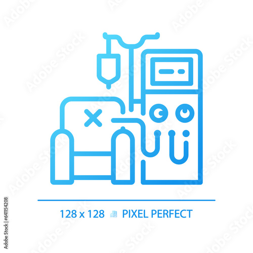 Dialysis machine pixel perfect gradient linear vector icon. Kidney disease. Renal system. Medical procedure. Thin line color symbol. Modern style pictogram. Vector isolated outline drawing