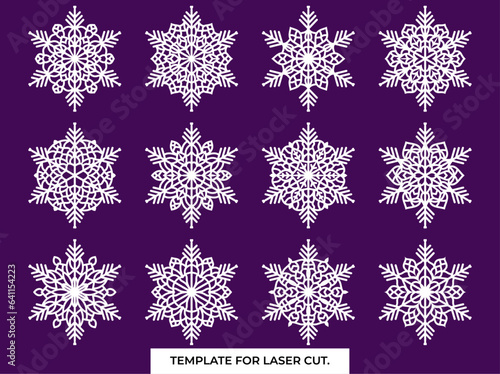 Christmas coaster snowflake with Lotus Mandala Vector Template Set for Cutting and Printing. Oriental silhouette ornament. Vector coaster design	