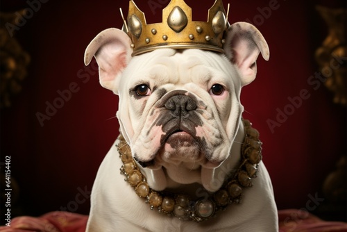 In regal splendor, a white bulldog pup dons a velvet crown © Muhammad Ishaq