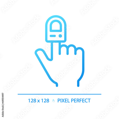 Pulse oximeter pixel perfect gradient linear vector icon. Oxygen saturation. Heart rate. Health assessment. Thin line color symbol. Modern style pictogram. Vector isolated outline drawing