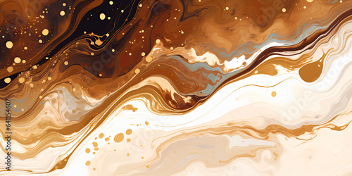 Dynamic marbled oil and acrylic abstract art. Brown and white blend fluidly, forming a captivating marbled paper texture. Ideal for wallpapers, banners, and illustrations.