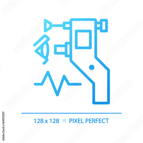 Eye tonometer pixel perfect gradient linear vector icon. Ocular tonometry. Optical store. Glaucoma treatment. Thin line color symbol. Modern style pictogram. Vector isolated outline drawing